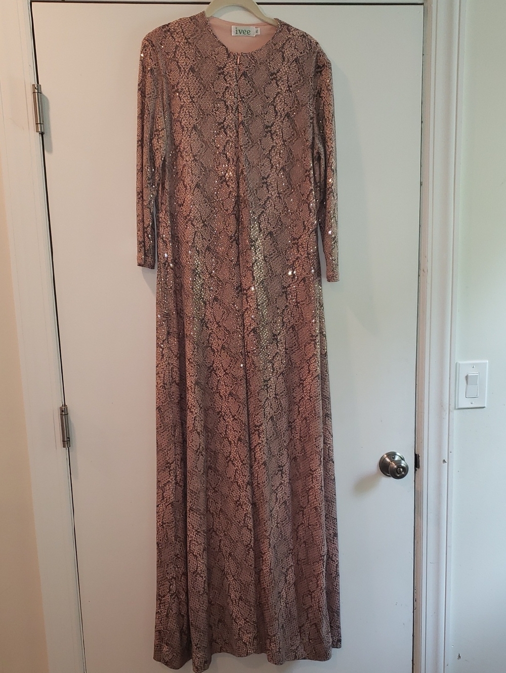 Long Sequin Snake-Print Robe in Blush Taupe